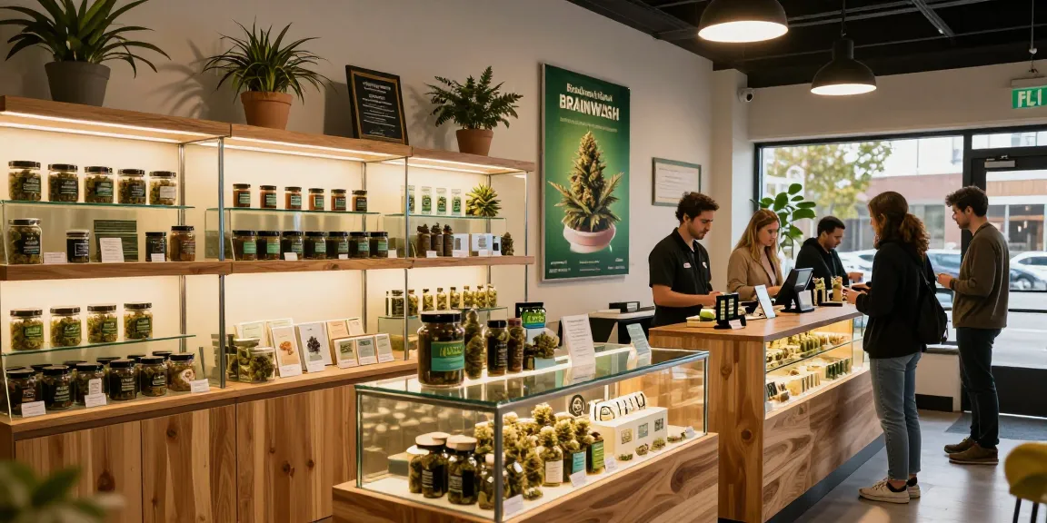 Premium cannabis dispensary featuring Alien Labs Brainwash strain in stylish display, inviting atmosphere.