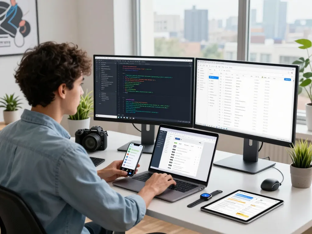 Developer using Clawdbot on dual monitors in a modern workspace