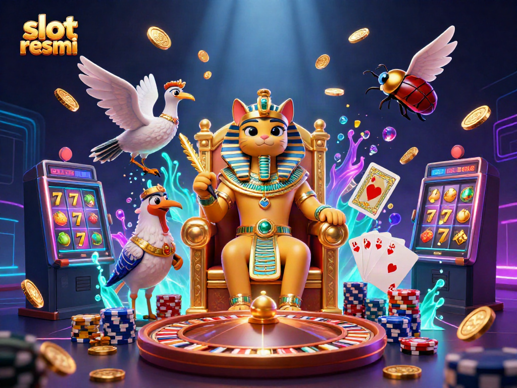 Engage with slot resmi as golden coins cascade around a regal pharaoh cat and companion in a vibrant casino scene.
