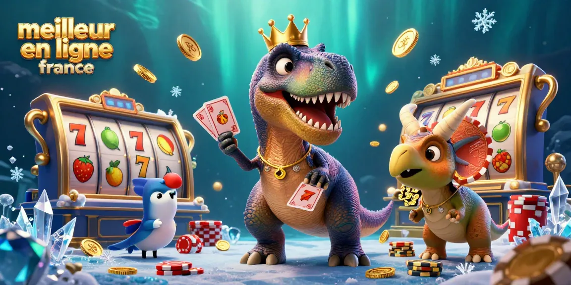 Illustrez le meilleur casino en ligne France avec un cartoon T-Rex jouant aux cartes entouré de pièces d'or.