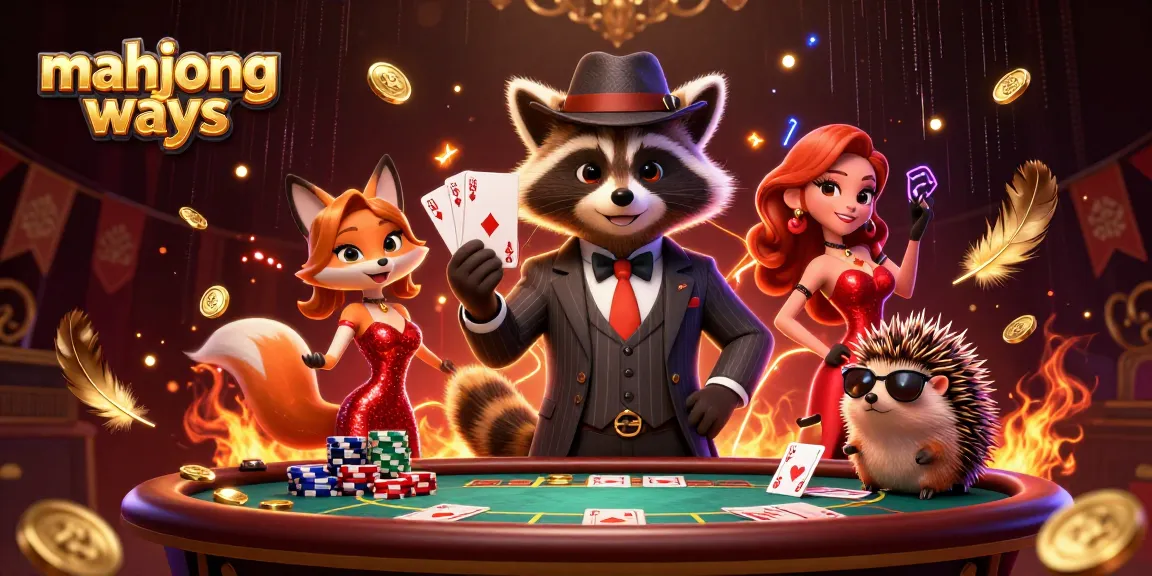 Engage with mahjong ways action through a lively casino scene featuring a suave raccoon and companions.
