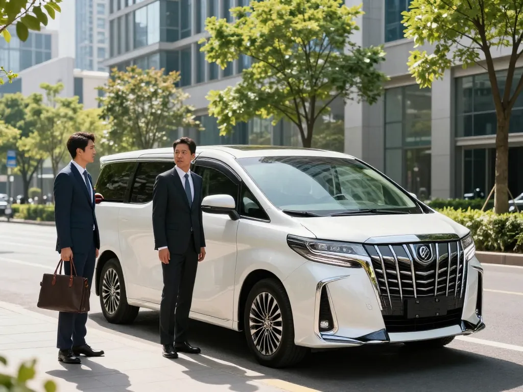 Cho thuê một chiếc xe Alphard sang trọng trong một bối cảnh đô thị đẹp mắt với một tài xế chuyên nghiệp.
