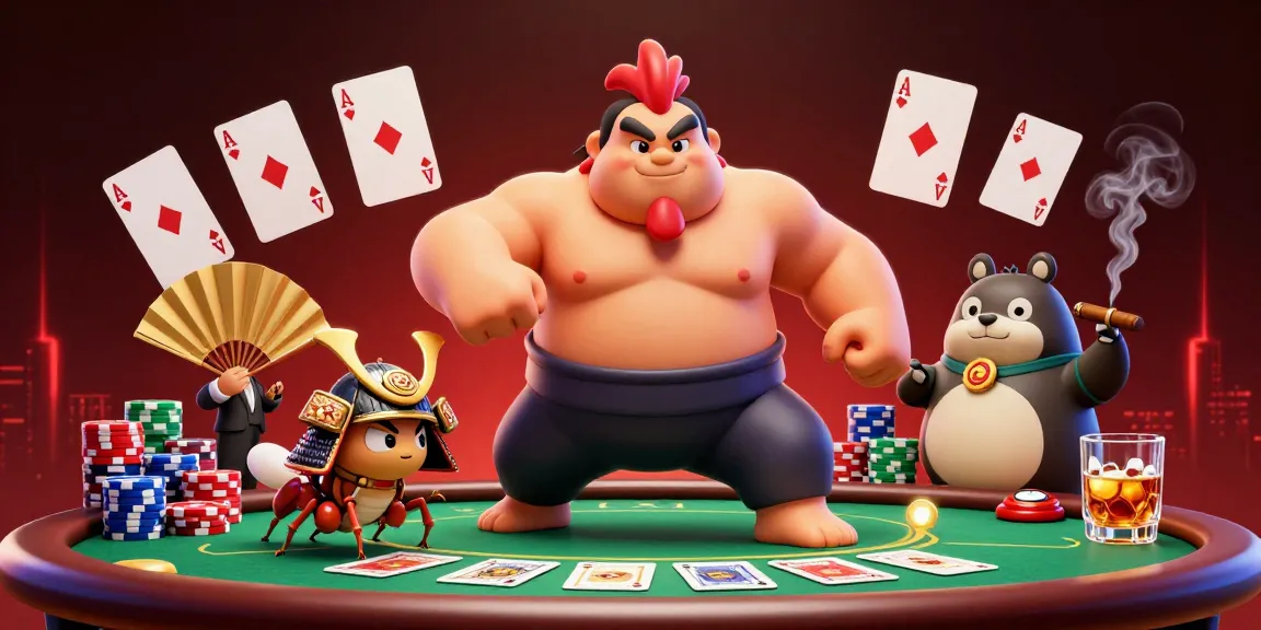 Engage in thrilling toto togel action while a powerful sumo rooster battles a fierce cricket amidst vibrant poker elements.