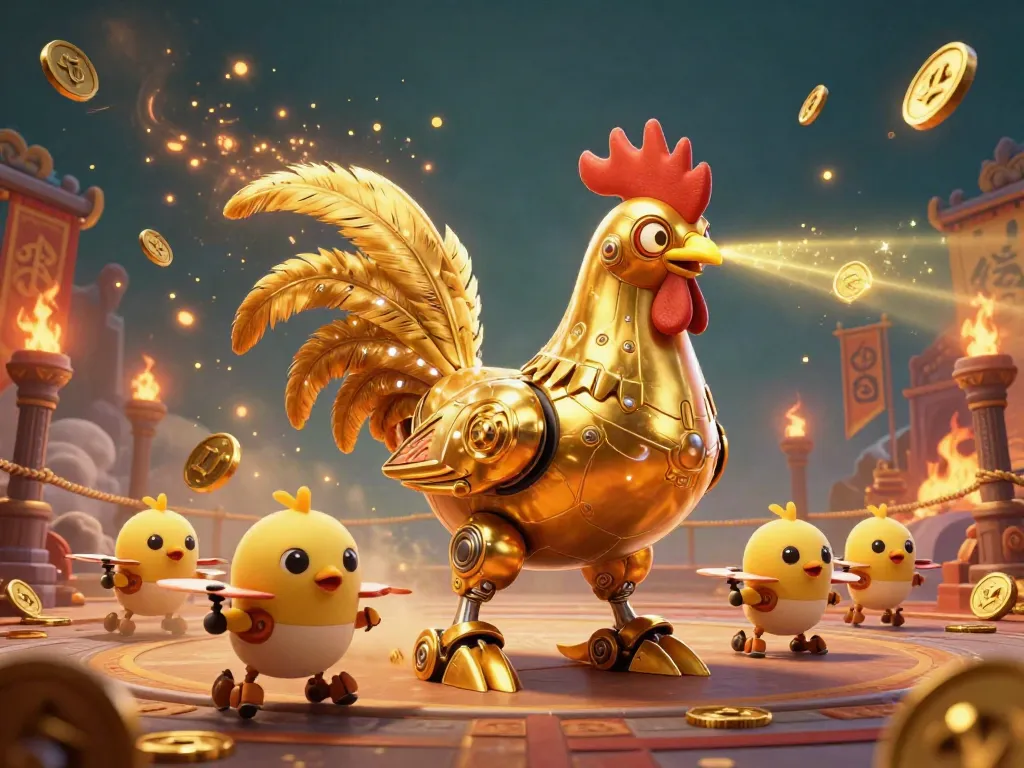 Engage in thrilling battles with Hitclub's golden rooster robot and baby chick drones in a futuristic gaming arena.