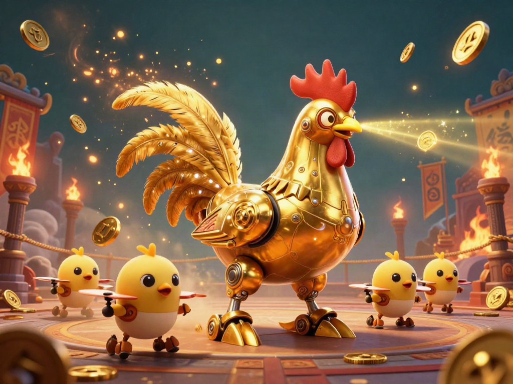 Engage in thrilling battles with Hitclub's golden rooster robot and baby chick drones in a futuristic gaming arena.