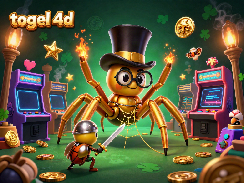 Experience the thrill of togel 4d with a golden tarantula and beetle knight in a vibrant casino scene.