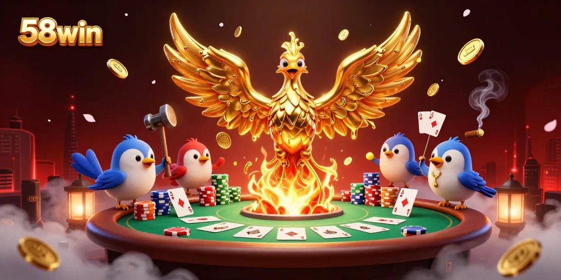 Experience the excitement of 58win casino with a dynamic scene featuring a golden phoenix and poker elements.