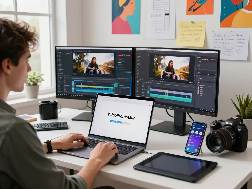 Creating video to prompt insights in a vibrant workspace, showcasing video editing tools and AI-generated prompts.