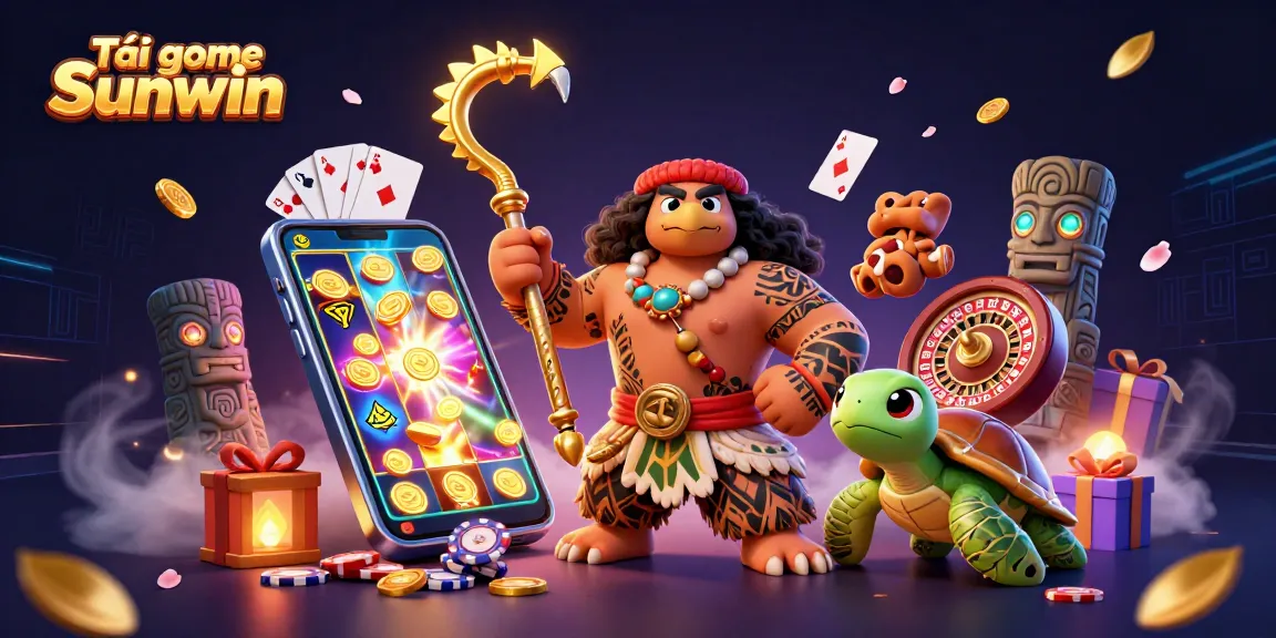 Exciting scene of Tải game Sunwin featuring a demigod hawk, vibrant slot games, and glowing tiki statues.