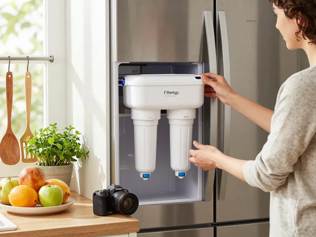 Installing a Filterlogic FL-RF13 Replacement for GE® MWF® water filter in a modern kitchen, showcasing efficiency in home maintenance.