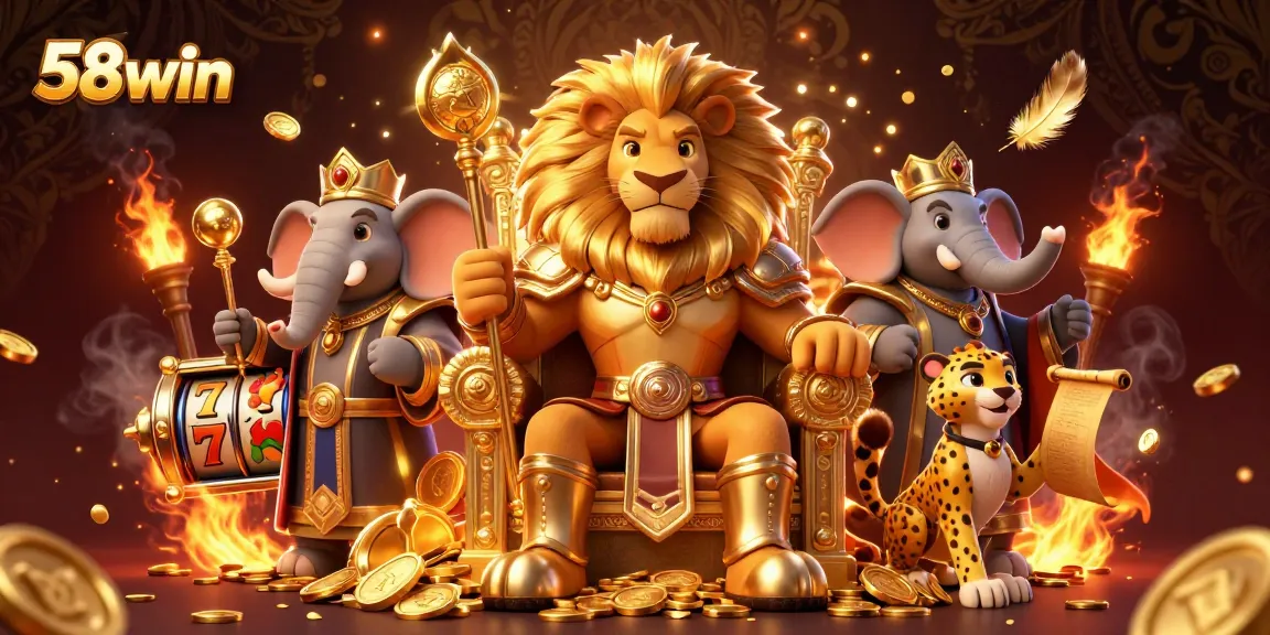 Experience the thrill of 58win with 3D characters enjoying slot gaming surrounded by golden treasures.