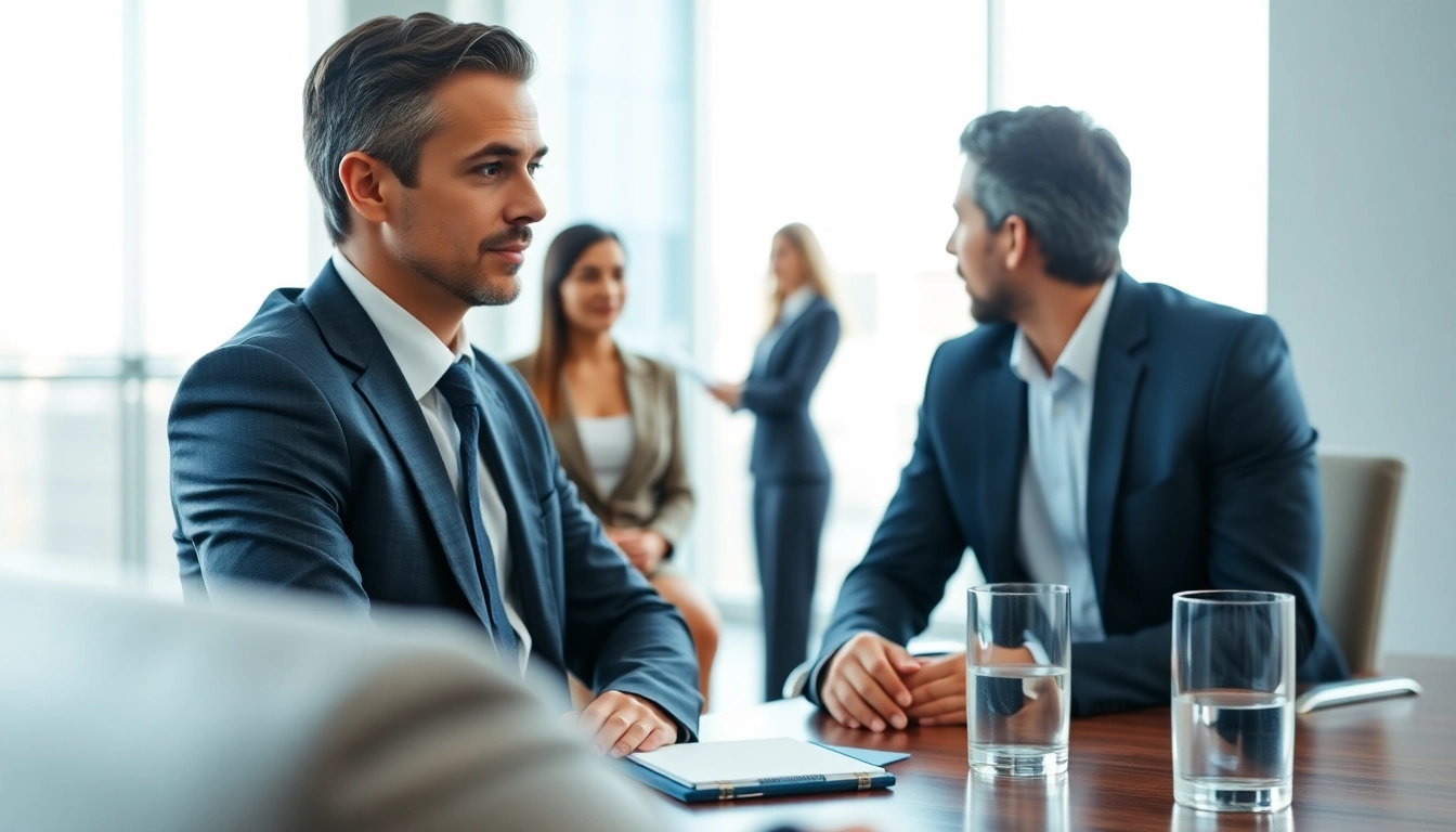 Mediation session with a mediator guiding participants in a bright, professional environment