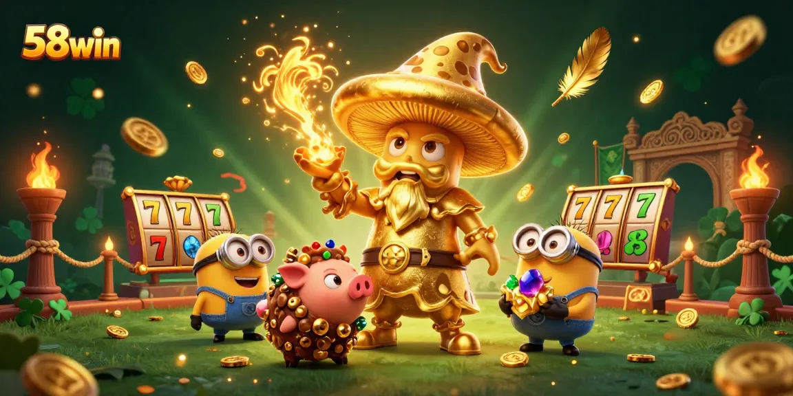 Experience the magic of 58win with golden treasures from a wizard and friends in a vibrant casino scene.