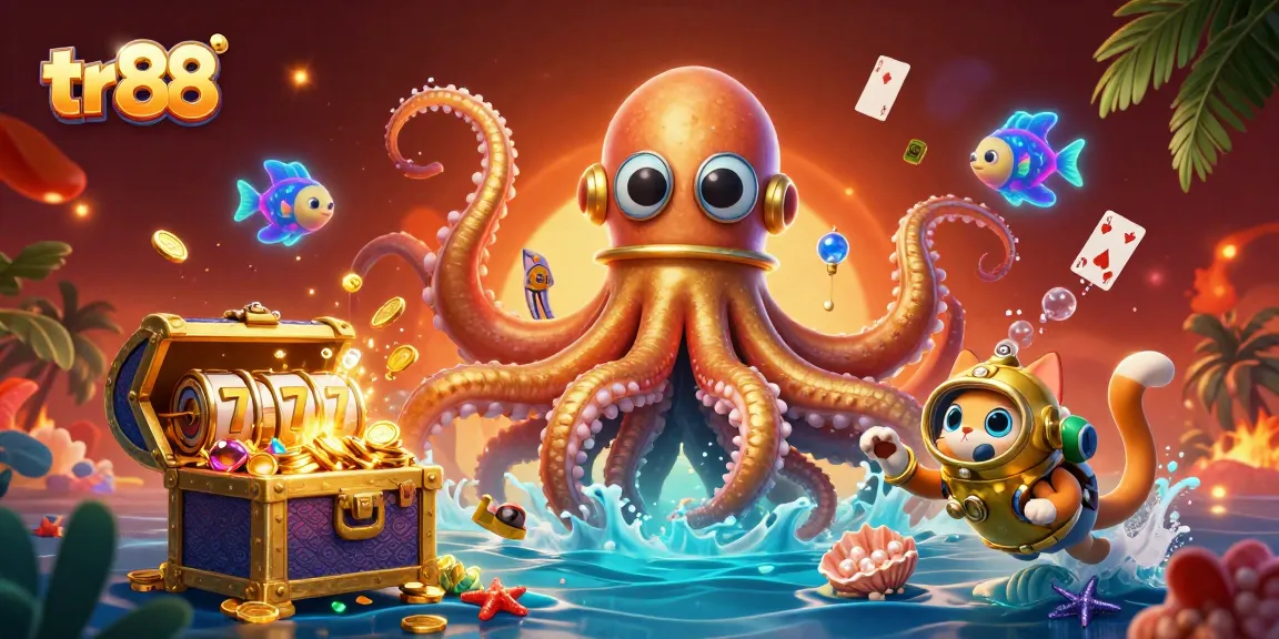 Experience thrilling tr88 gameplay as a kraken guards treasures in a vibrant underwater casino.