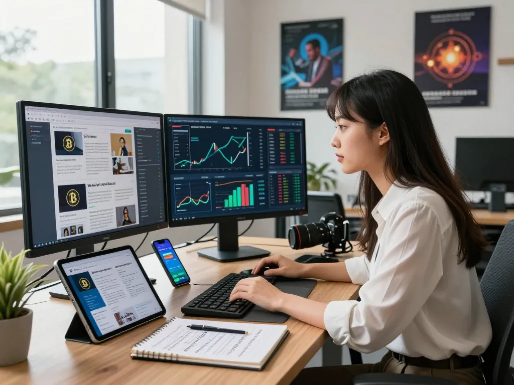 Professional and energetic workspace showcasing analysis of a crypto earning platform with charts and technology.
