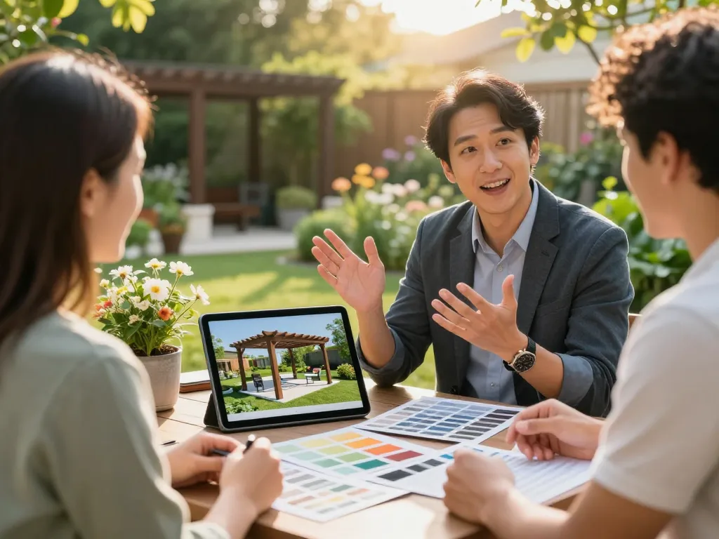Pergola Sales Software demonstration with a consultant showcasing 3D designs in an outdoor garden setting.