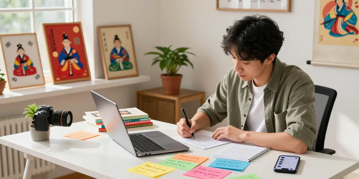 Explore engaging Asian cultural content creation at https://hanadultalk.com featuring a bilingual creator surrounded by vibrant resources in a sunny workspace.