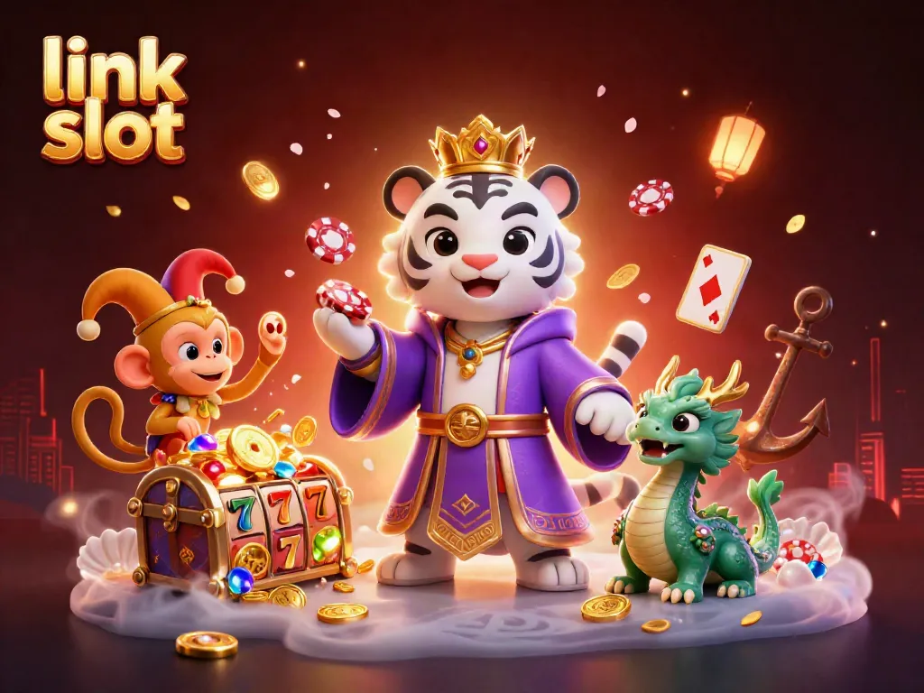 Bermain di link slot dengan karakter harimau elegan dan monyet, dikelilingi harta karun dan simbol slot.