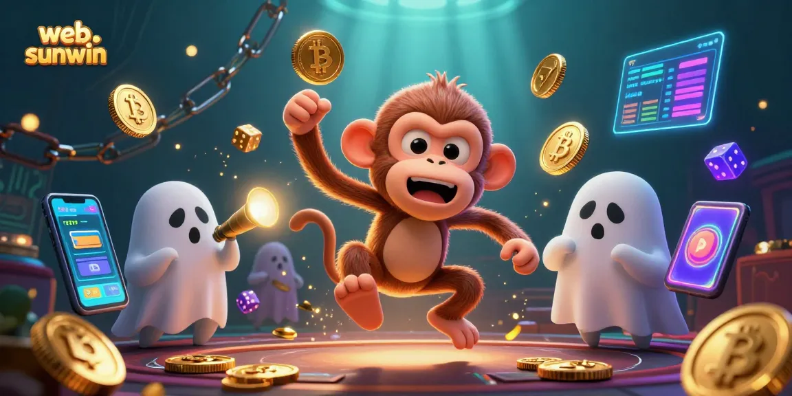 Engage with web sunwin in a vibrant casino scene featuring a mischievous monkey and a curious puppy.