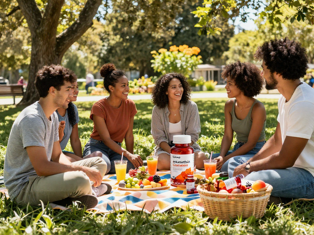 Friends enjoying a picnic discussing astaxanthin Canada benefits, surrounded by healthy snacks and supplements.