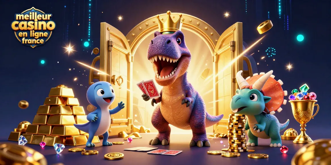 Visualisez le meilleur casino en ligne France avec des personnages dinosaures fascinants jouant à des jeux de casino et empilant des jetons en or.
