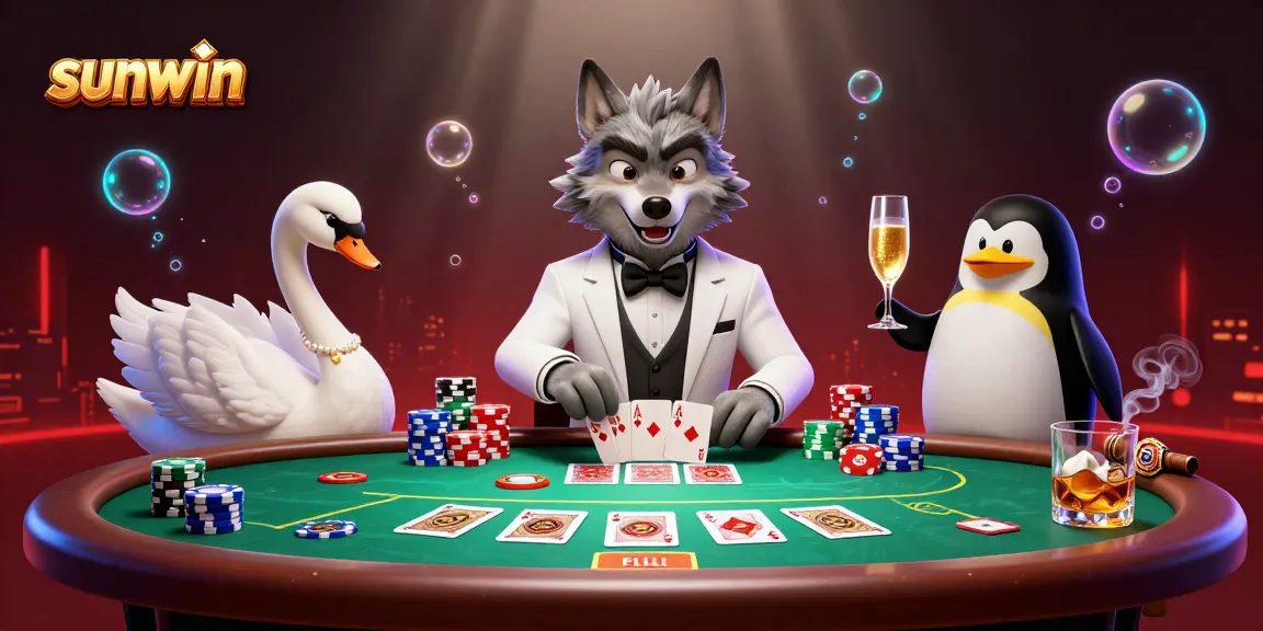 Experience the excitement of sunwin casino with a vibrant scene of 3D characters playing cards.