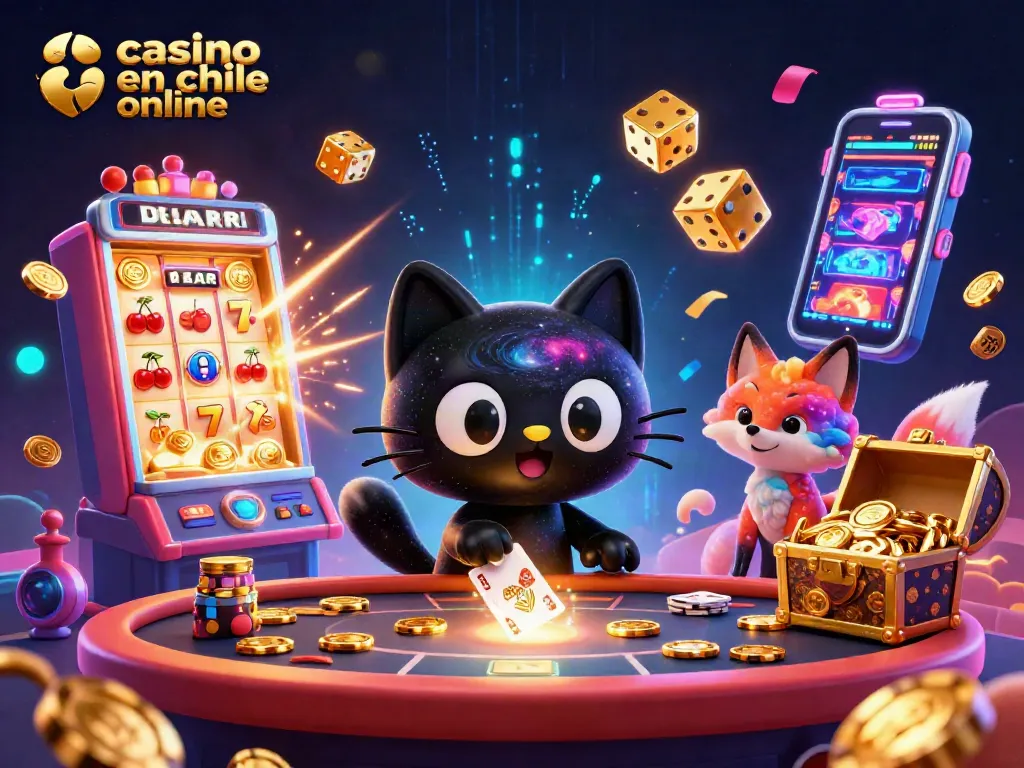 Casino en Chile online: tres personajes jugando rodeados de tragamonedas y dados dorados.
