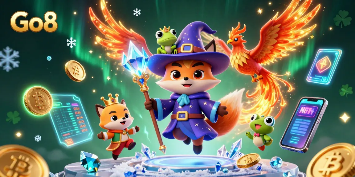 Engage with Go8's immersive casino experience featuring magical characters and cryptocurrency elements.