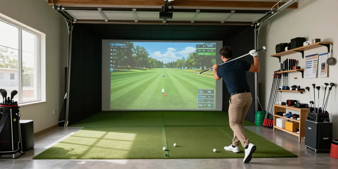 How to build home golf sim with a person enjoying their indoor setup in a bright garage.