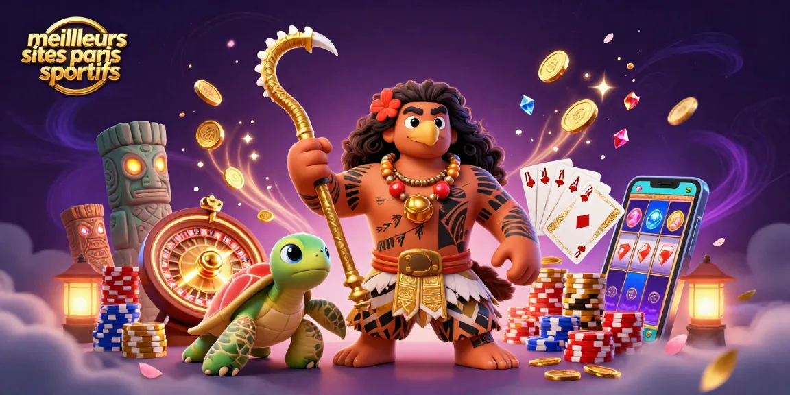 Les meilleurs sites de paris sportifs, une illustration captivante avec un demi-dieu polynésien et des éléments de casino.