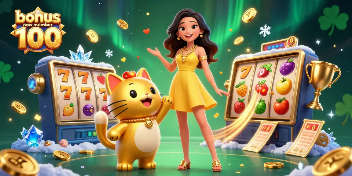 Claim your bonus new member 100 with engaging slot game illustrations featuring dynamic characters.