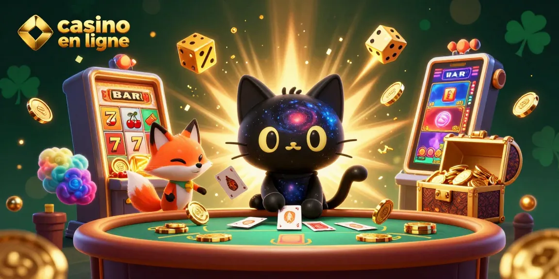 Casino en ligne : gagnez des jetons d'or avec des jeux palpitants tout en admirant un chat noir de trou noir.