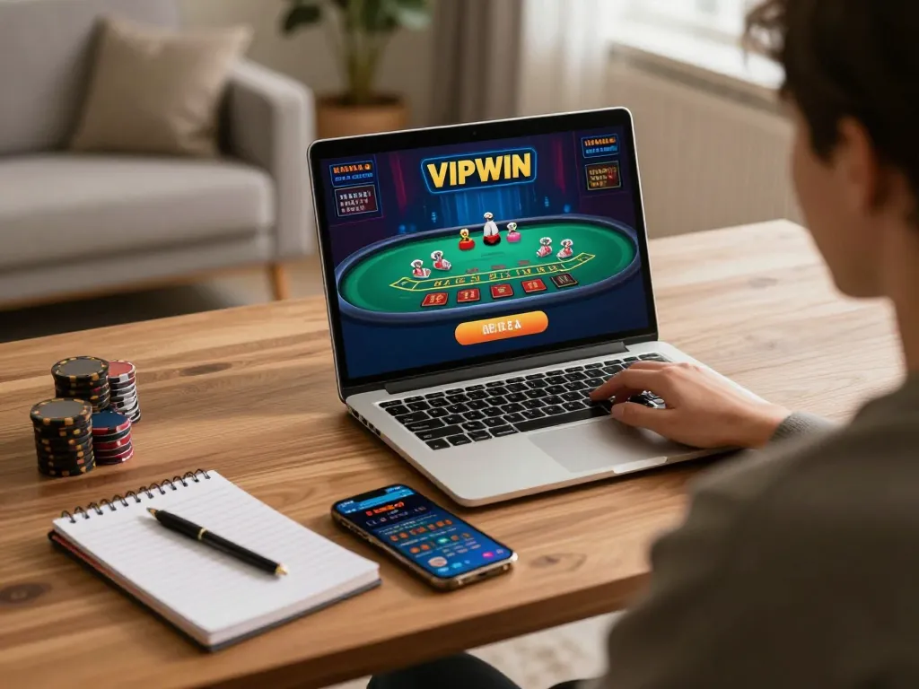 Engaging with VIPWIN's live games on a laptop while tracking strategies.