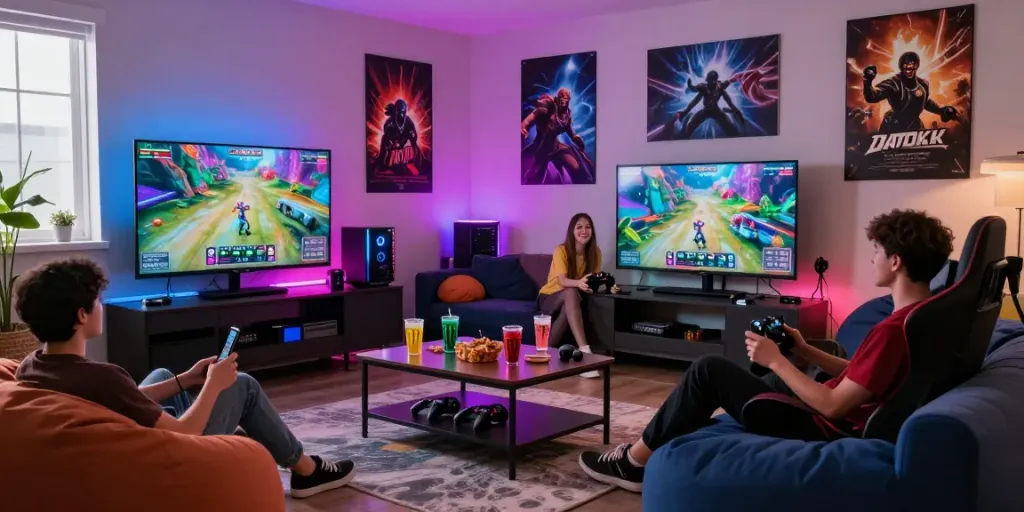 Friends enjoying a gaming session with rokok88 apk on screen in a vibrant living room.