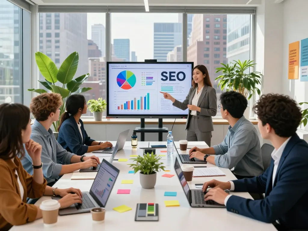 SEO Company in NYC team collaborating on digital marketing strategies in a modern office