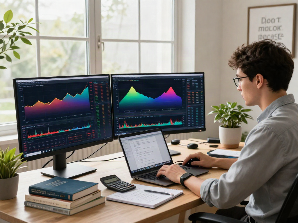 Analyst using TradingView on multiple monitors in a modern trading workspace with natural light.
