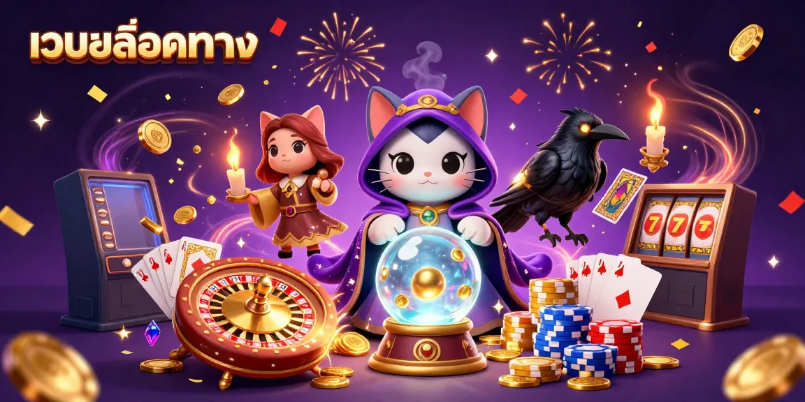 การแสดงการเล่นสล็อตออนไลน์ด้วยมิสติกแมว 3D และอีกา tarot บนพื้นหลังมหัศจรรย์ เว็บสล็อตตรง