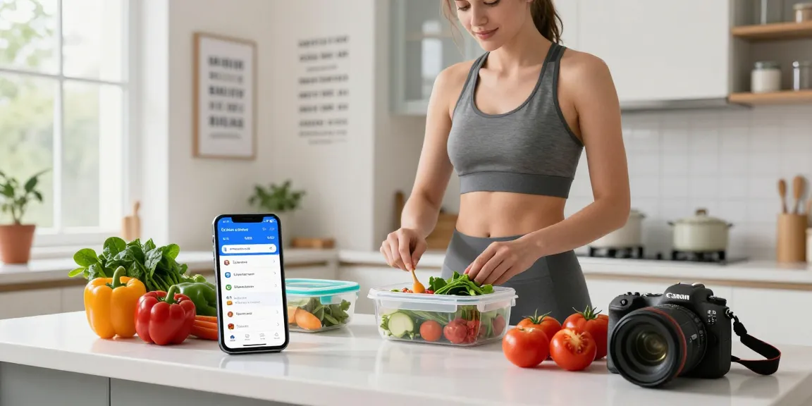 Young adult using best calorie tracking apps while preparing a healthy meal in a modern kitchen.