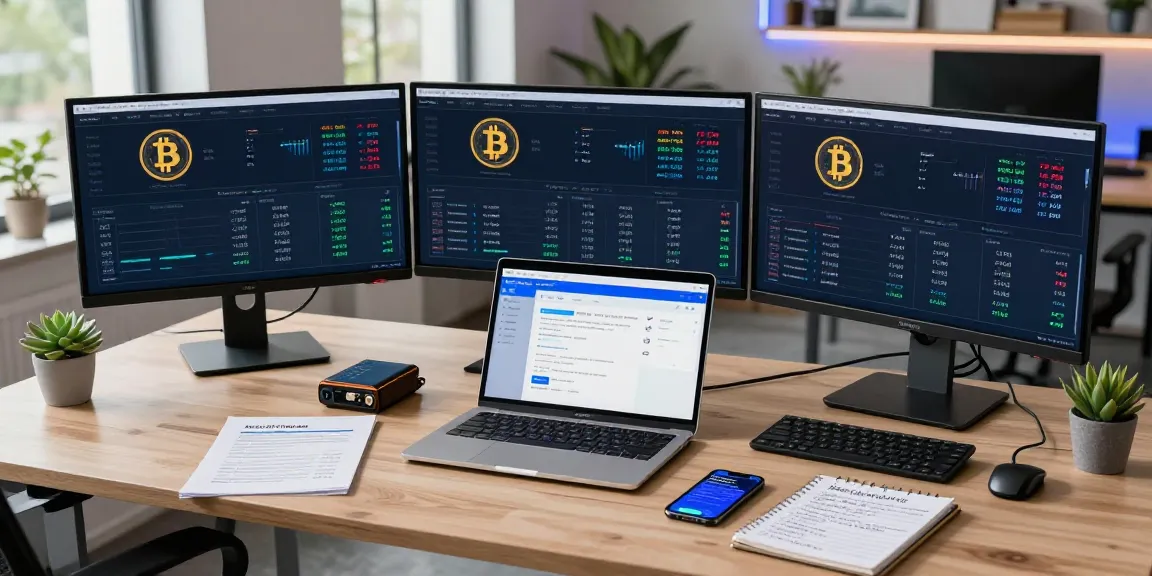 Mining bitcoin online in a professional cryptocurrency workspace with multiple screens showing mining data and crypto statistics.