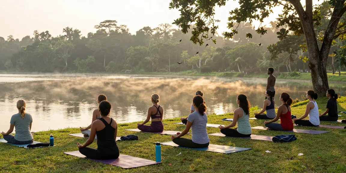 Engaged participants in yoga teacher training Sri Lanka during peaceful lakeside sunrise meditation.