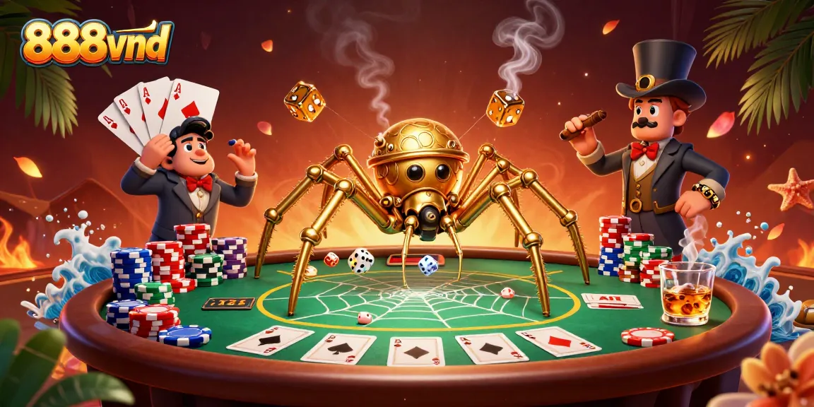 Experience thrilling gameplay at 888vnd, where a whimsical golden spider weaves luck into casino excitement.