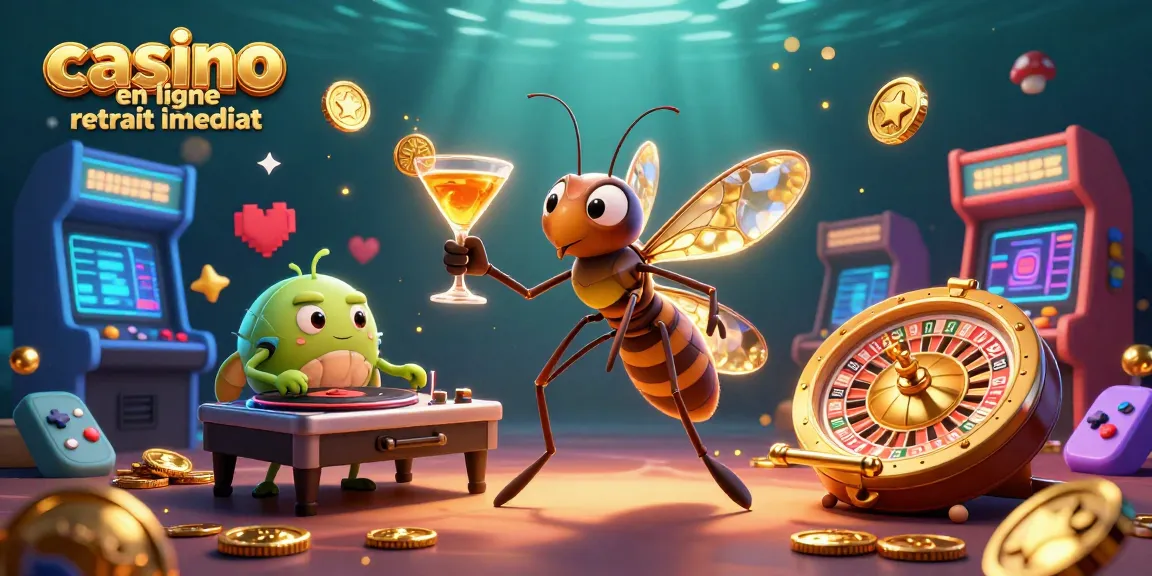Illustration d'un casino en ligne retrait immédiat avec un moustique en ambre, un DJ trilobite et une roulette en ammonite.