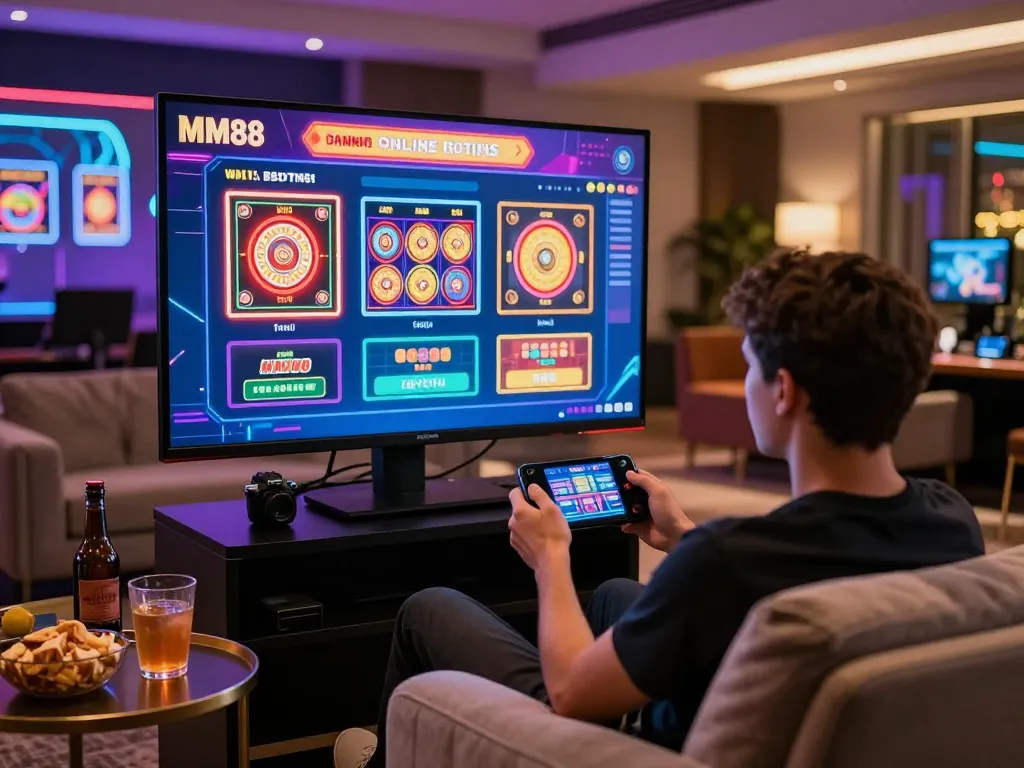 Engaging user interacting with MM88 online casino gaming options in a vibrant living room.