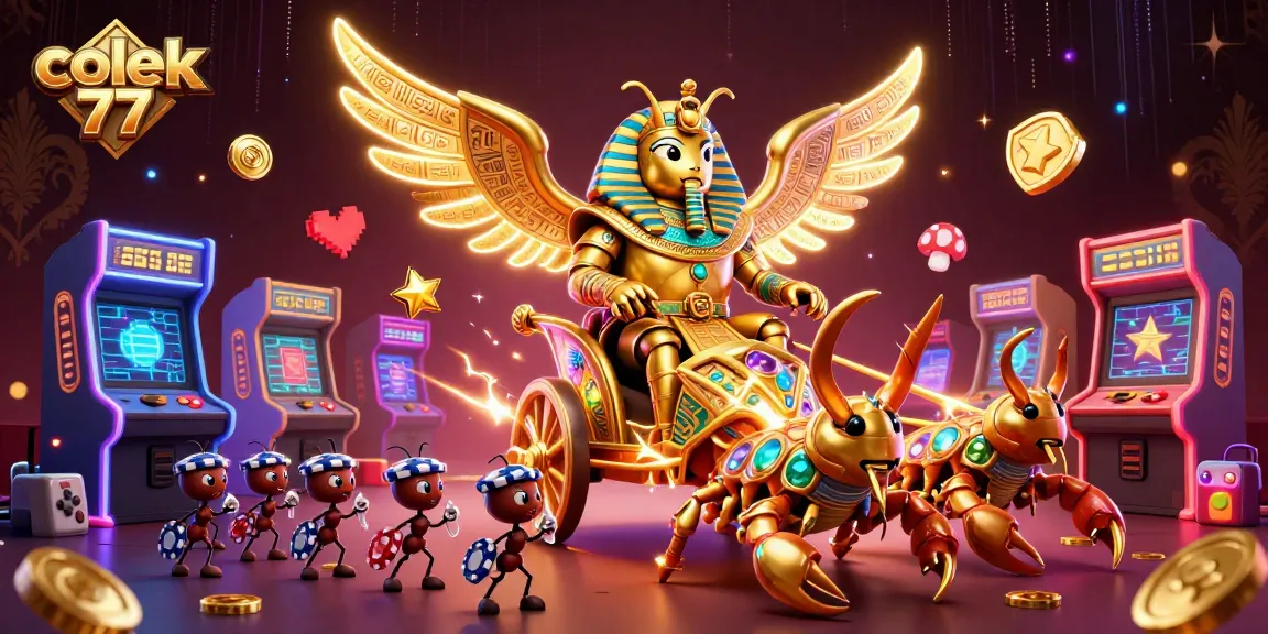 Engage in thrilling gameplay with colek 77, featuring a golden beetle chariot and vibrant casino elements.