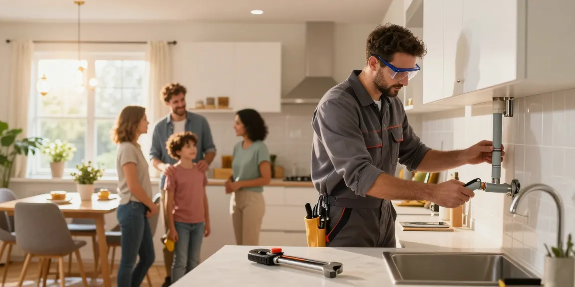 Plumber in Milton Keynes demonstrating pipe installation in a cozy kitchen.