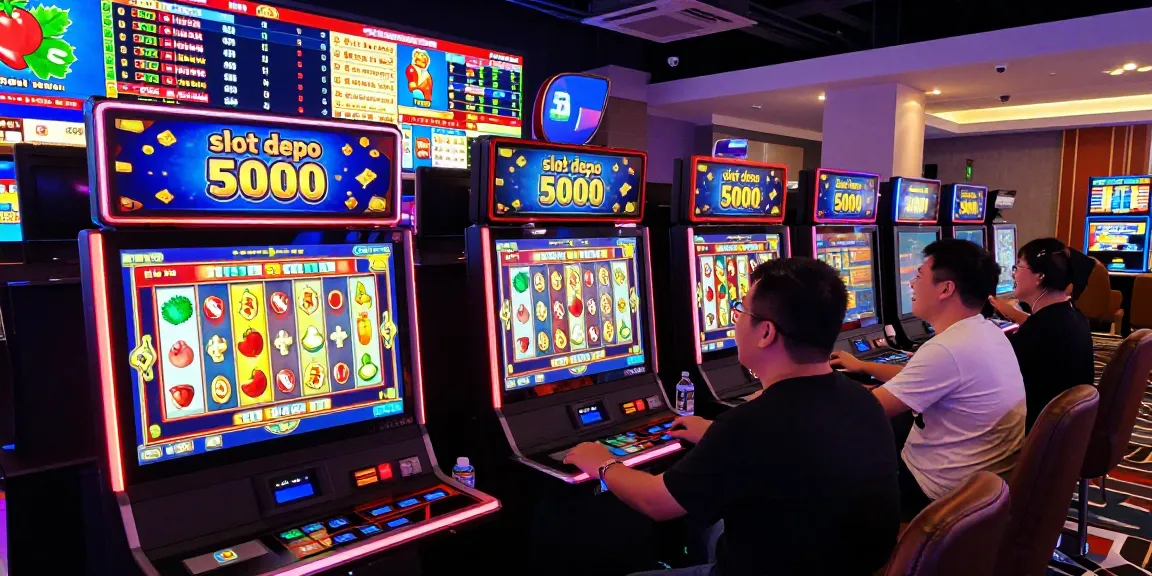 Exciting gaming atmosphere featuring slot depo 5000 with players enjoying vibrant slot machines and cheering