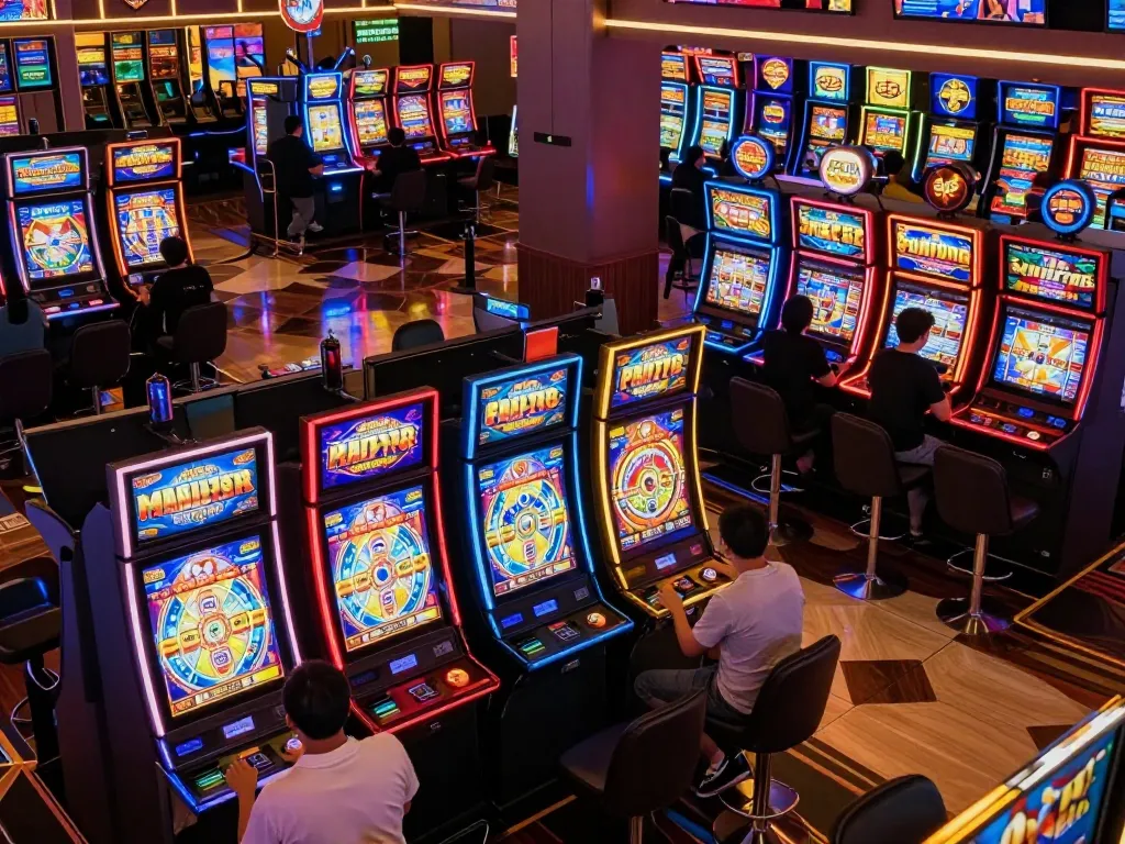 Engage with vibrant slot machines featuring slot gacor 777 while players celebrate wins in a buzzing casino.