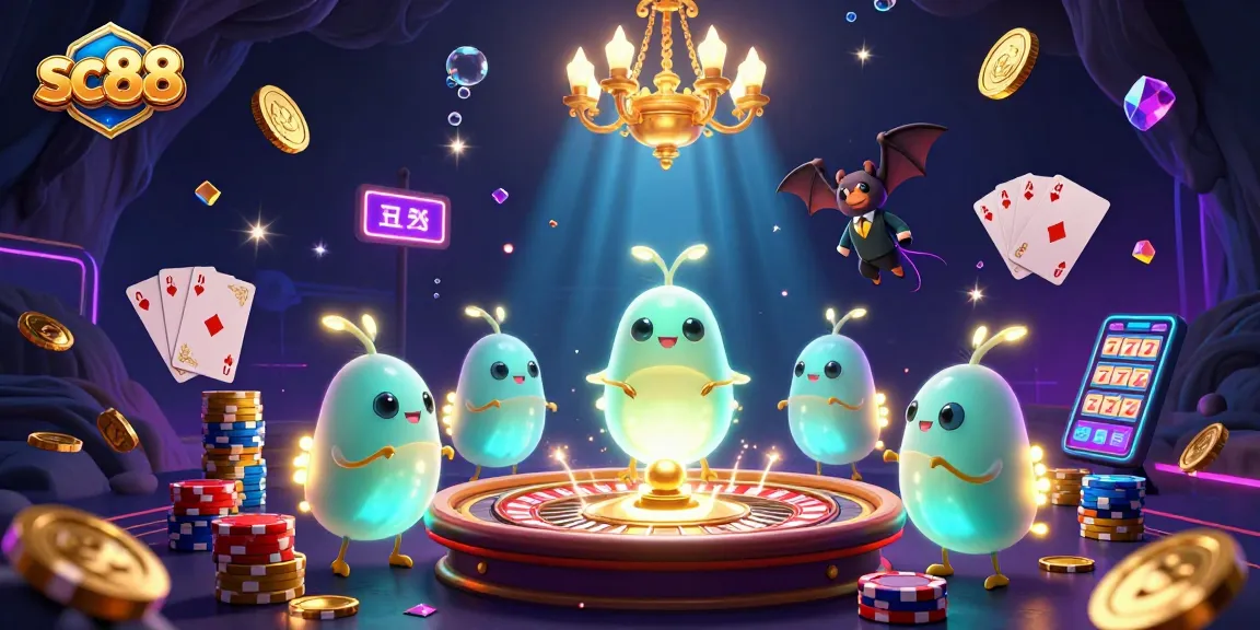 Experience sc88's dazzling cave casino with glowworms and a bat dealer amidst golden coins and vibrant games.