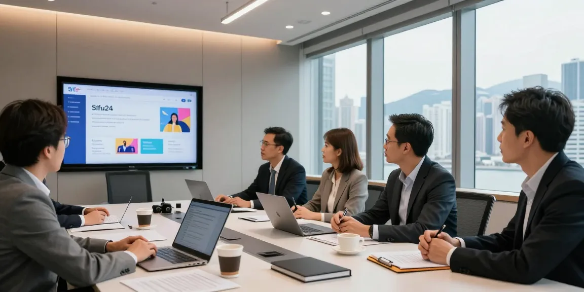 Collaboration around the Sifu24 service platform, professionals engaging in discussion with urban Hong Kong background.