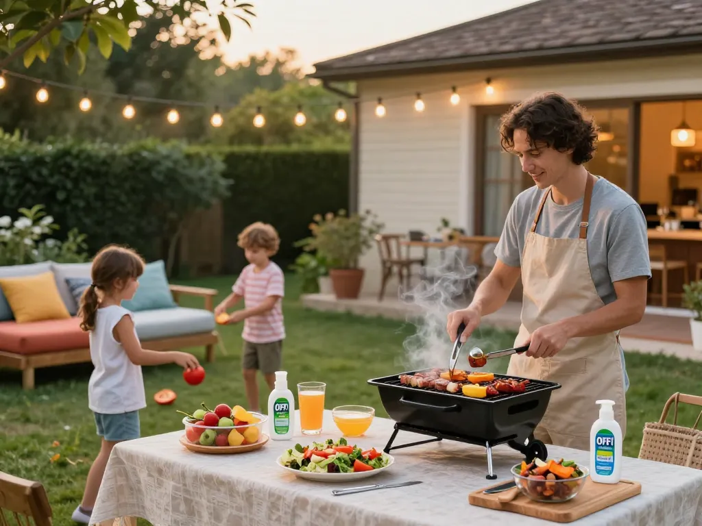 Family enjoying a backyard barbecue while using the Best Mosquito Repellent for effective protection.